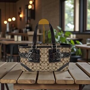 Vintage Coach Signature Canvas Buckle Tote Brown Leather Trim Authentic